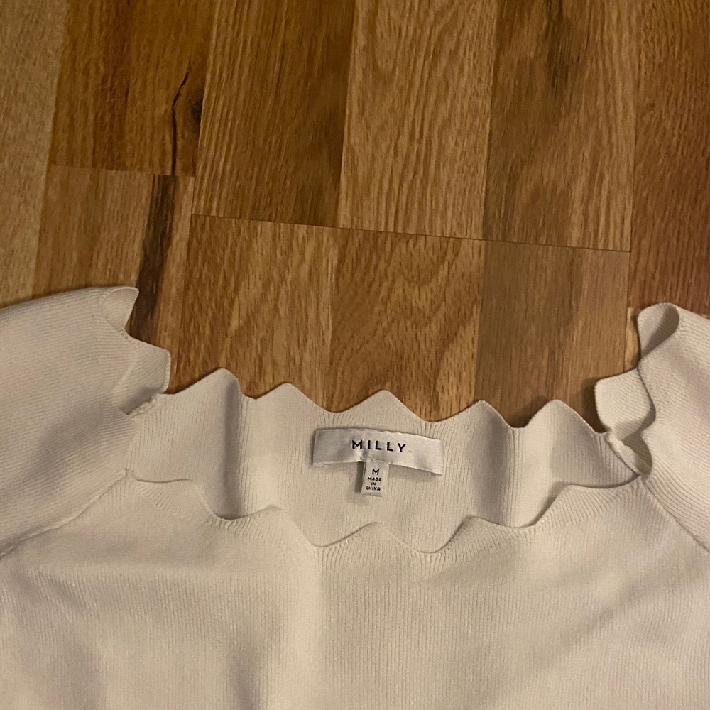 Scalloped Neck Short Sleeve Knit Top - Cream - Picture 2 of 6